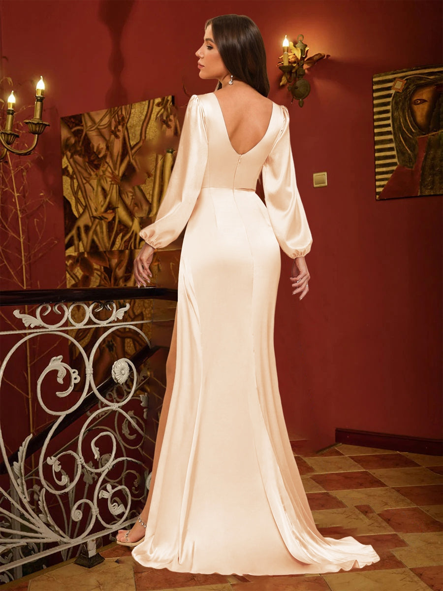 Sheath/Column V-Neck Long Sleeves Evening Dresses with Split Side & Ruched