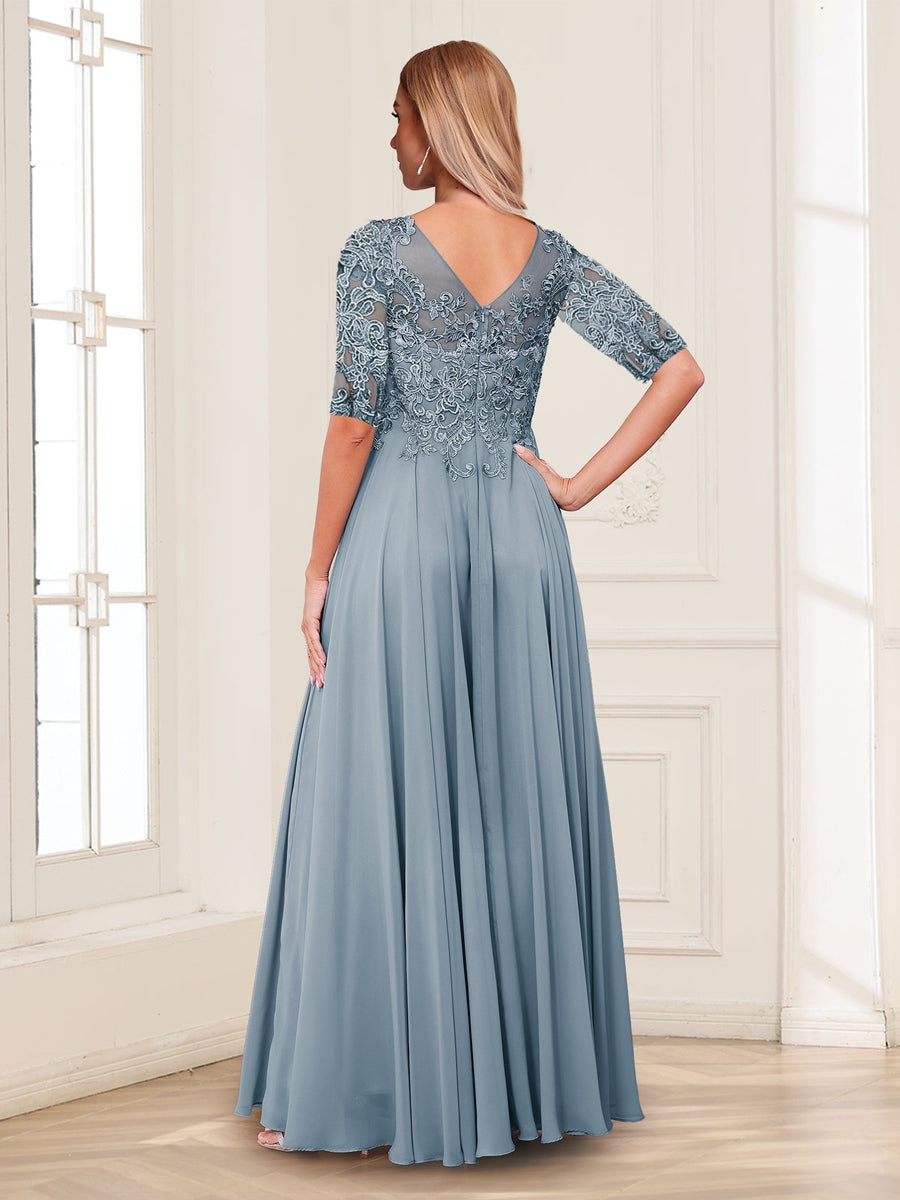 A-Line/Princess Asymmetrical Half Sleeves Chiffon Mother of the Bride Dresses with Applique