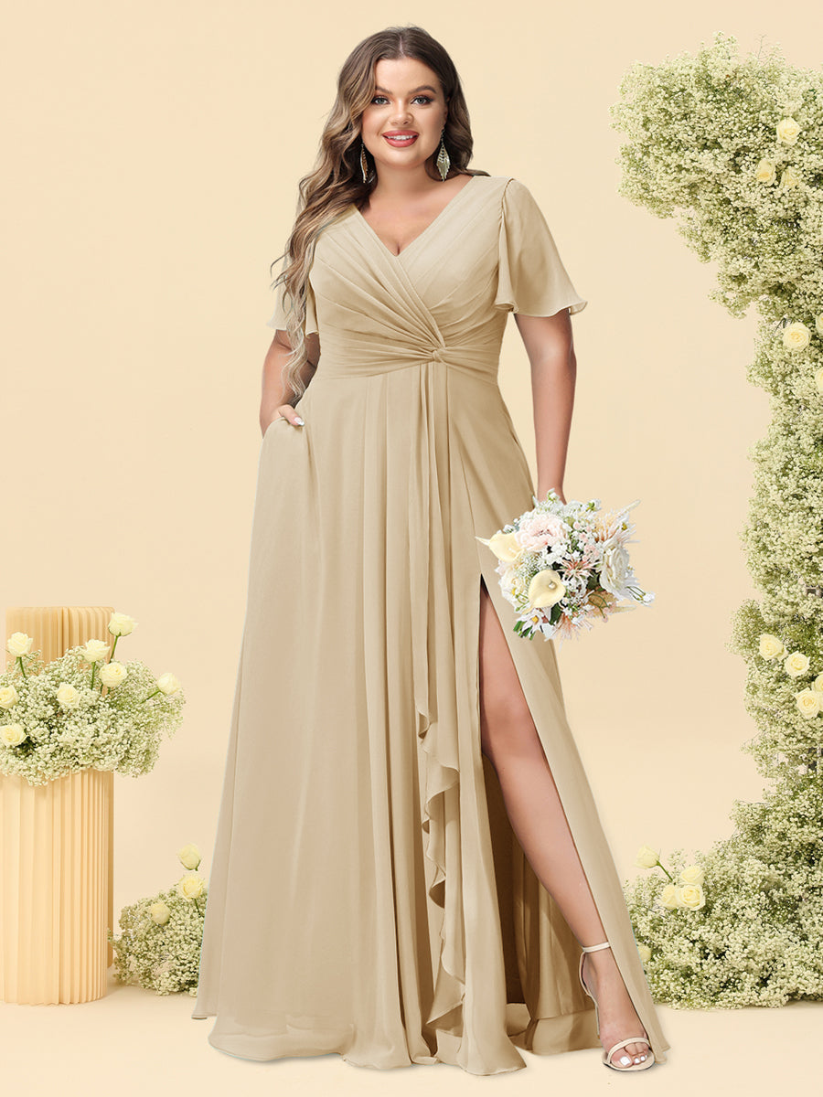 A-Line/Princess V-Neck Sleeveless Chiffon Plus Size Bridesmaid Dresses with Pockets