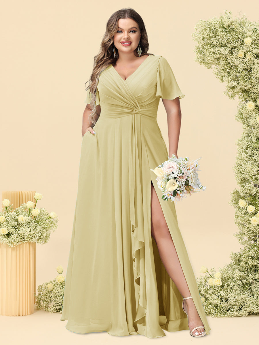 A-Line/Princess V-Neck Sleeveless Chiffon Plus Size Bridesmaid Dresses with Pockets