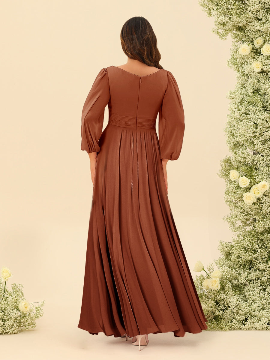 Chiffon A-Line/Princess Scoop Long Sleeves Ankle-Length Bridesmaid Dresses With Split Side