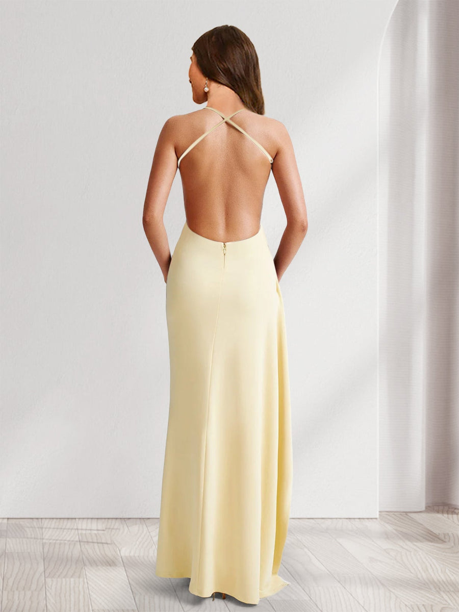 Sheath/Column Spaghetti Straps Pleated Ruffle Bridesmaid Dresses with Split Side