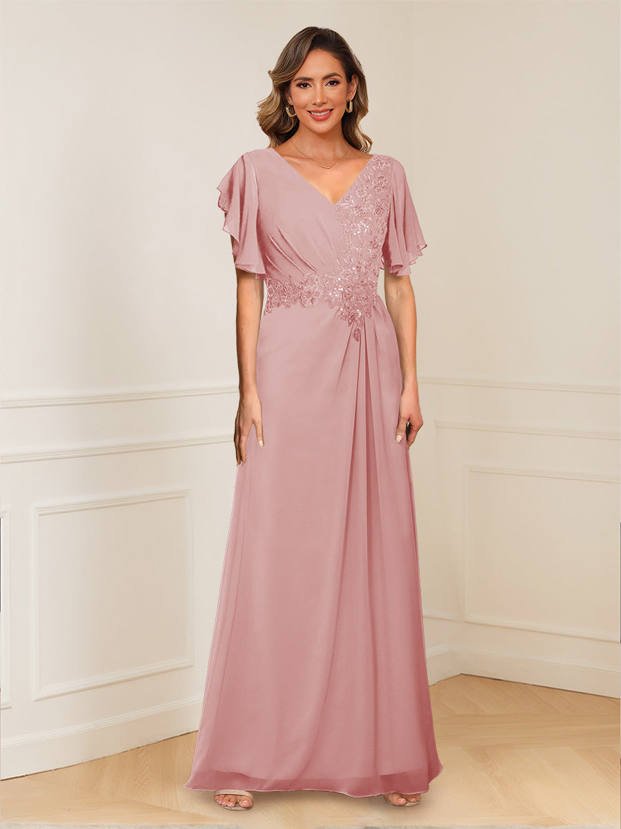 A-Line/Princess V-Neck Short Sleeves Appliques Ruched Mother of the Bride Dresses