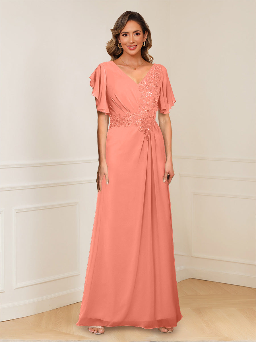 A-Line/Princess V-Neck Short Sleeves Appliques Ruched Mother of the Bride Dresses