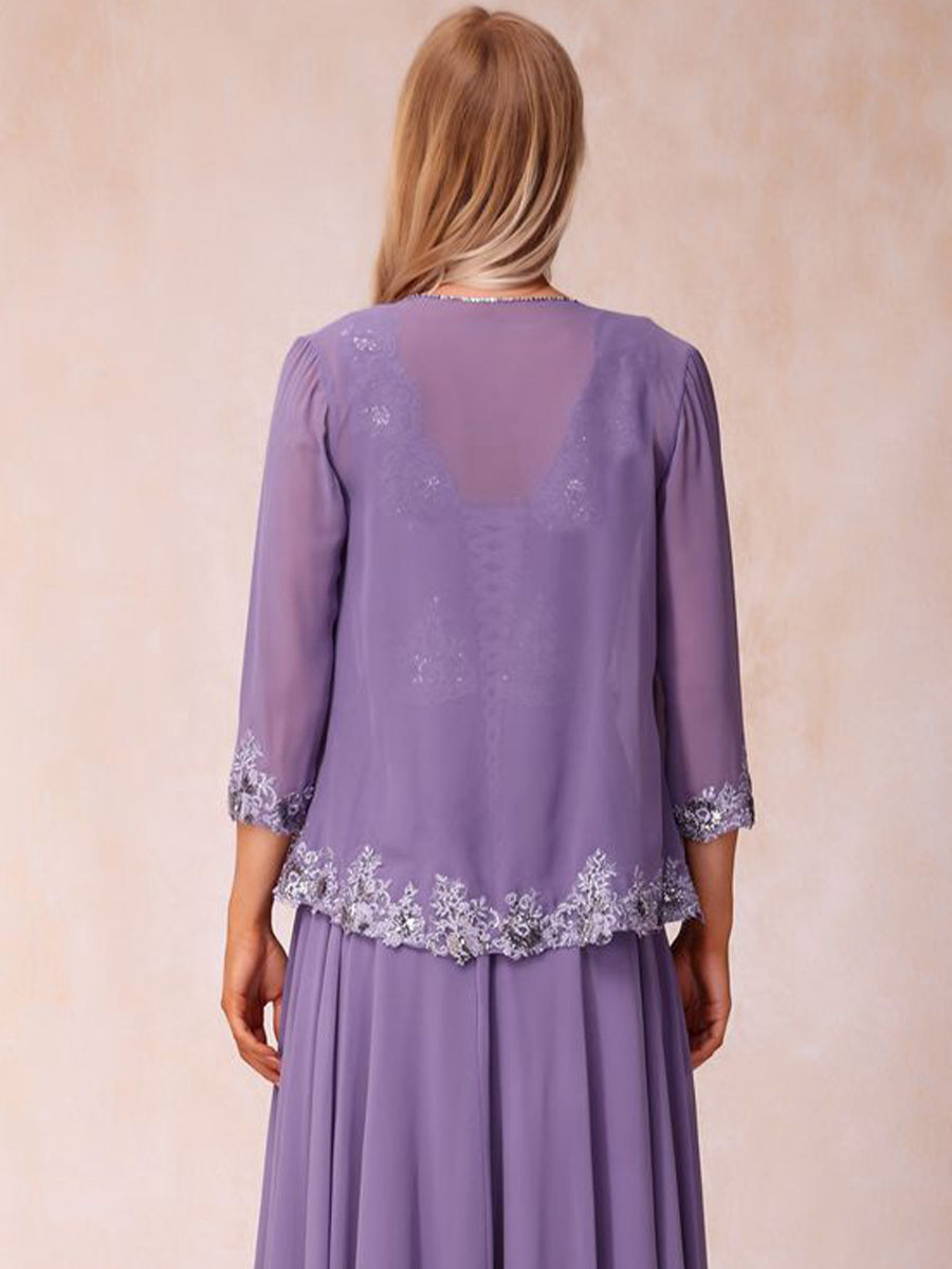 Chiffon 3/4 Sleeves Mother's Jacket With Beading Appliques