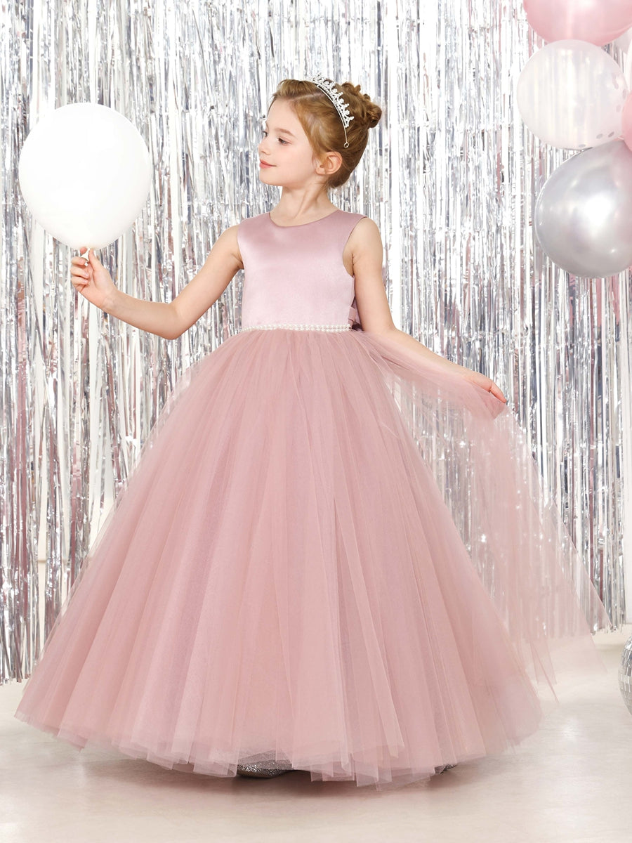 Ball-Gown Tulle Satin Sleeveless Scoop Neck Floor-Length Flower Girl Dresses