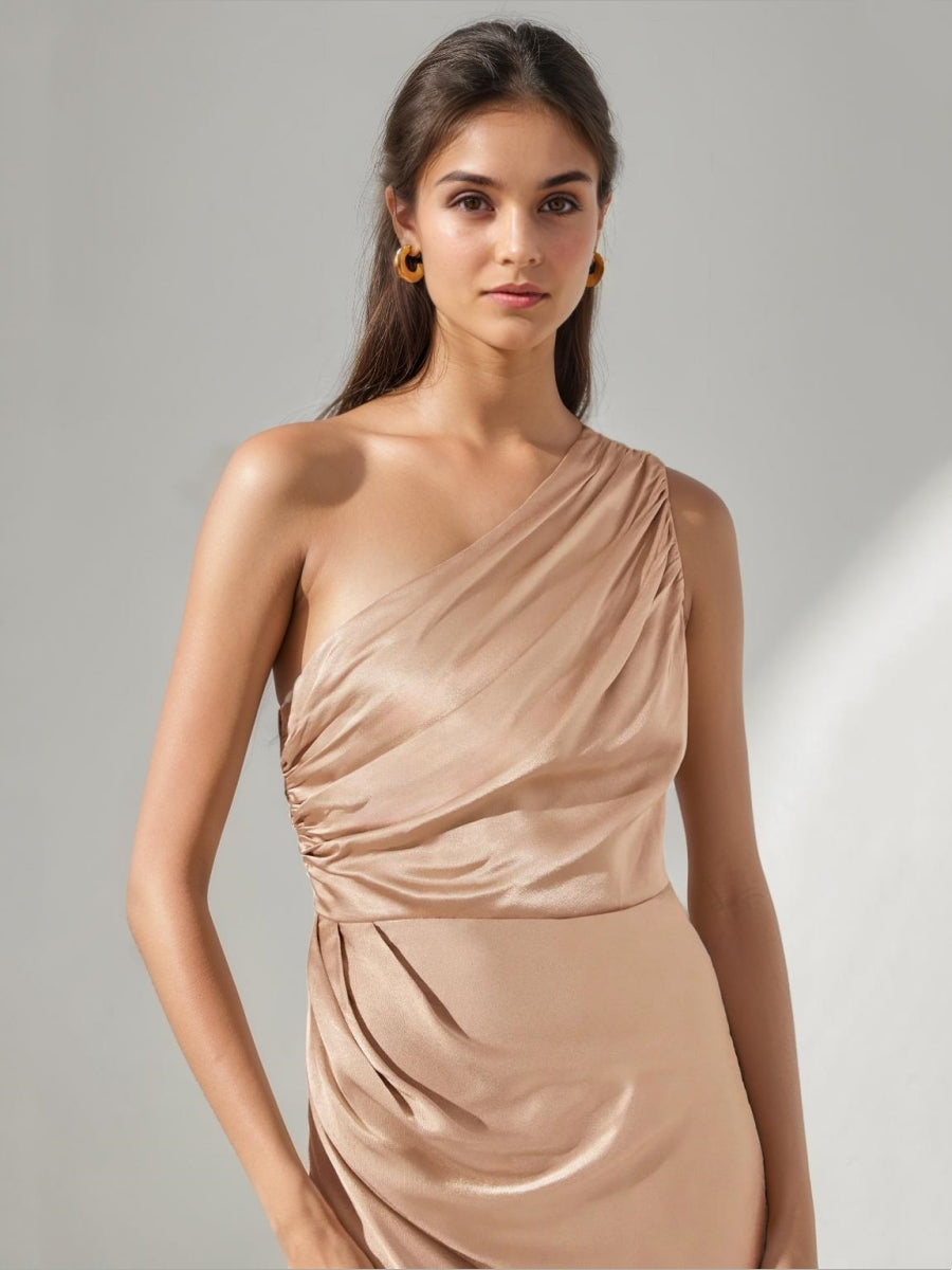 Sheath/Cloumn One-Shoulder Ruched Satin Floor-Length Bridesmaid Dresses