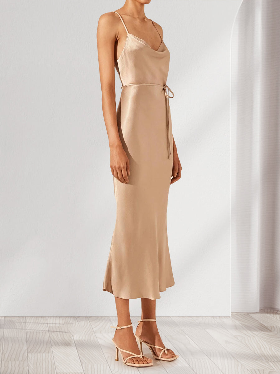 Sheath/Cloumn Spaghetti Straps Satin Ruched Tea-Length Bridesmaid Dresses