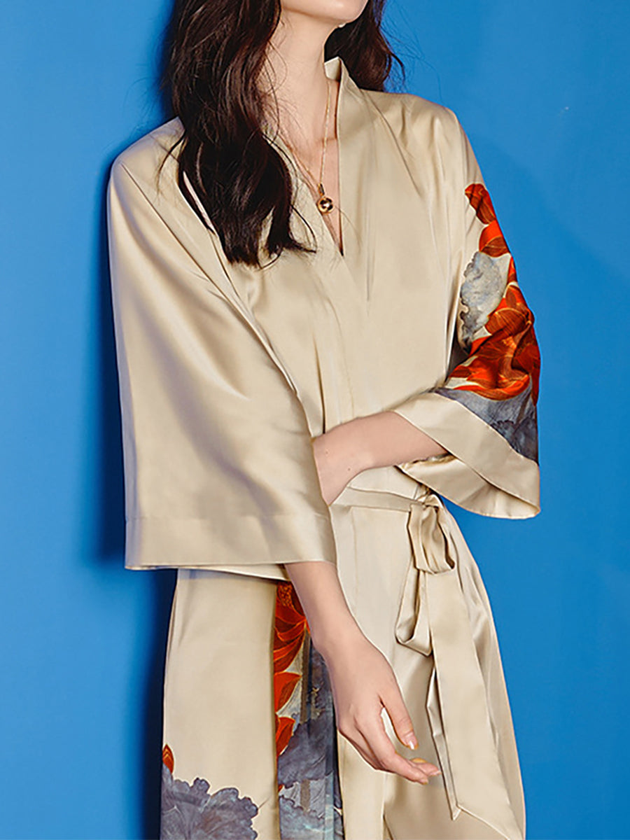 Hand Painted Lotus Satin Tea-Length Long Women's Robes