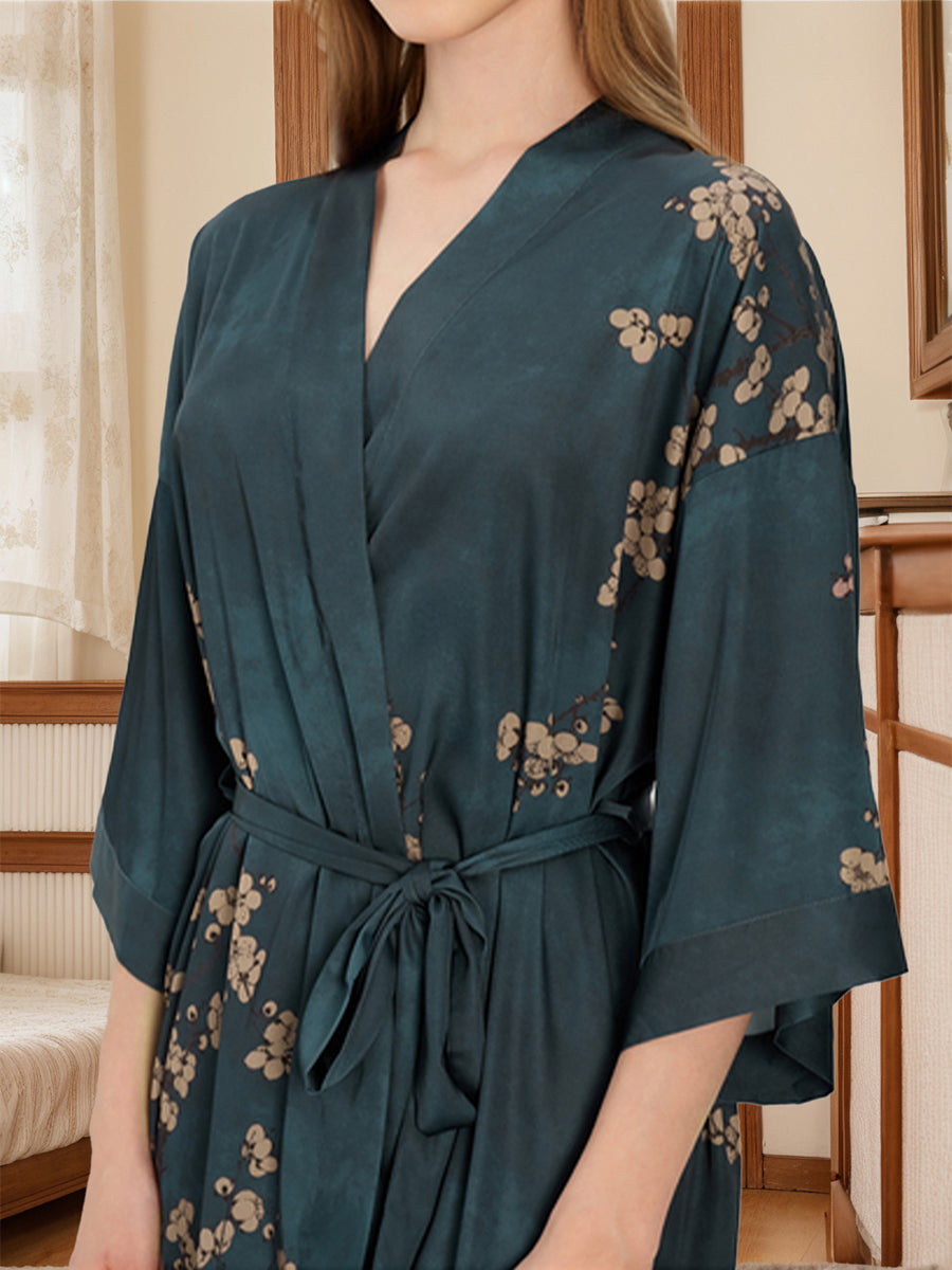 Dark Blue Hand Painted Plum Flower Short/Mini Women's Robes