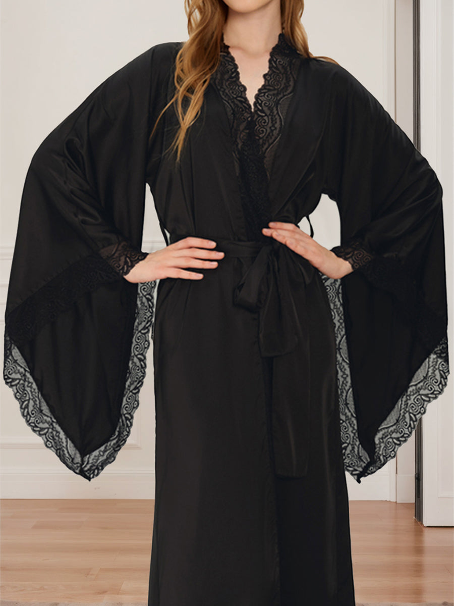 Luxurious Solid Colored Long Women's Bridal Robe with Lace Trim