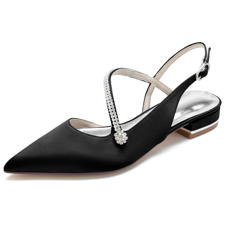Women's Silk Satin With Ankle Strap Closed ToeRhinestone Flat Heel Evening Shoes