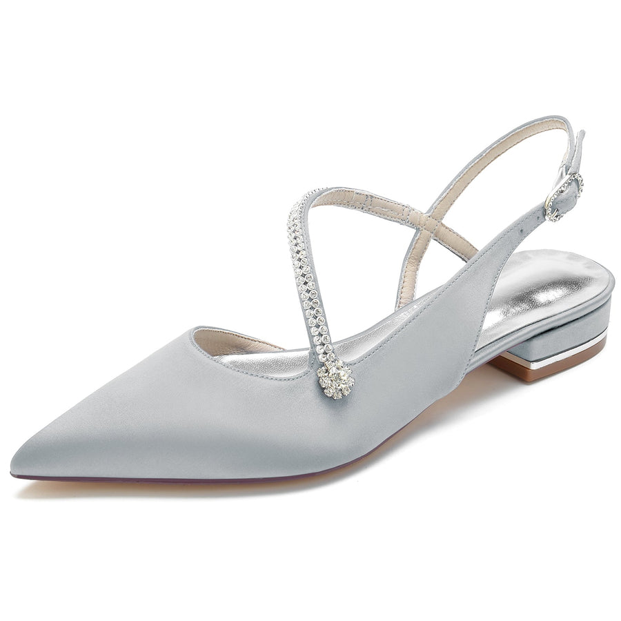 Women's Silk Satin With Ankle Strap Closed ToeRhinestone Flat Heel Evening Shoes