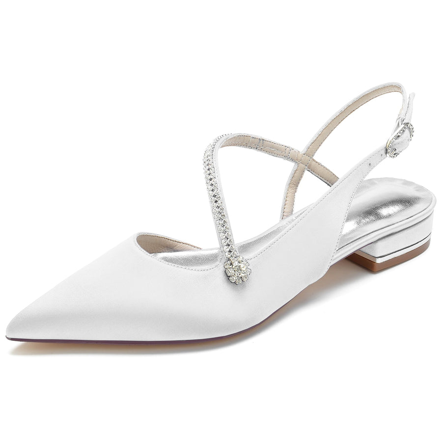 Women's Silk Satin With Ankle Strap Closed ToeRhinestone Flat Heel Evening Shoes