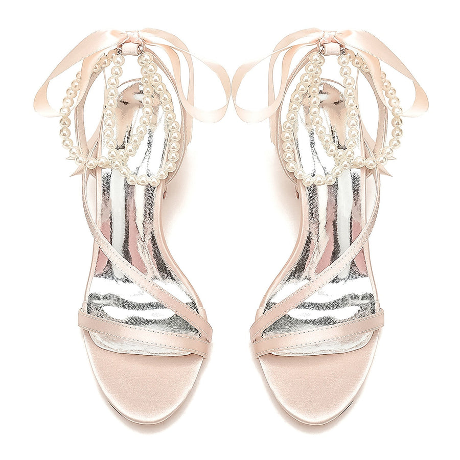 Women's Silk Satin With Ankle Strap Lace-up Pearl Peep Toe Chunky Heel Wedding Shoes