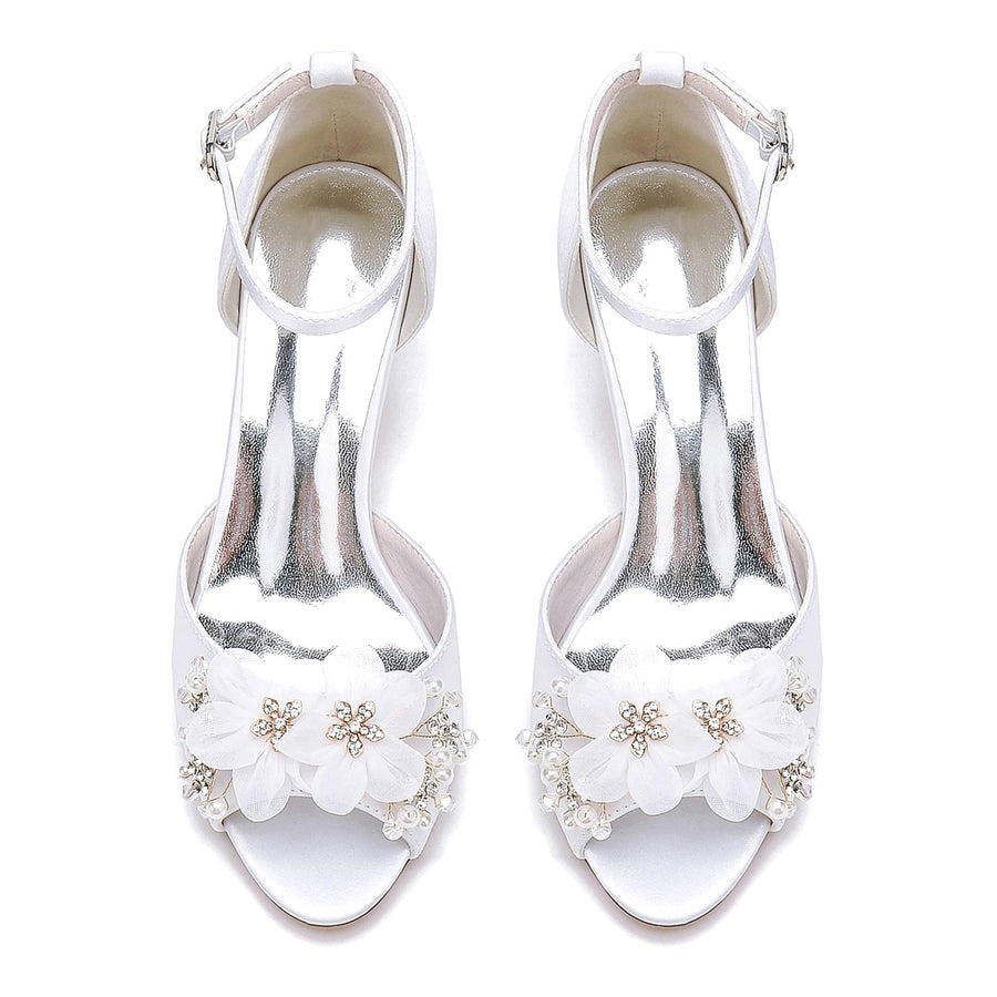 Women's Silk Satin With Ankle Strap Flower Peep Toe Stiletto Heel Wedding Shoes