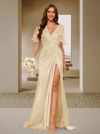 Trumpet/Mermaid V-Neck Short Sleeves Ruched Bridesmaid Dresses with Split Side & Ruffles