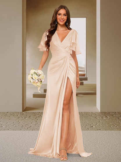 Trumpet/Mermaid V-Neck Short Sleeves Ruched Bridesmaid Dresses with Split Side & Ruffles