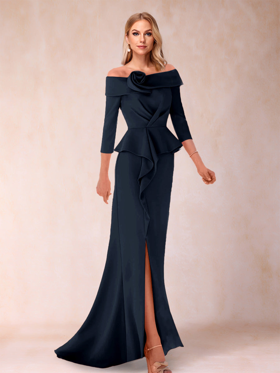 Sheath/Column Off-the-Shoulder Floor-Length Mother of the Bride Dresses With Ruffles & Split Side