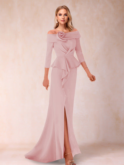 Sheath/Column Off-the-Shoulder Floor-Length Mother of the Bride Dresses With Ruffles & Split Side