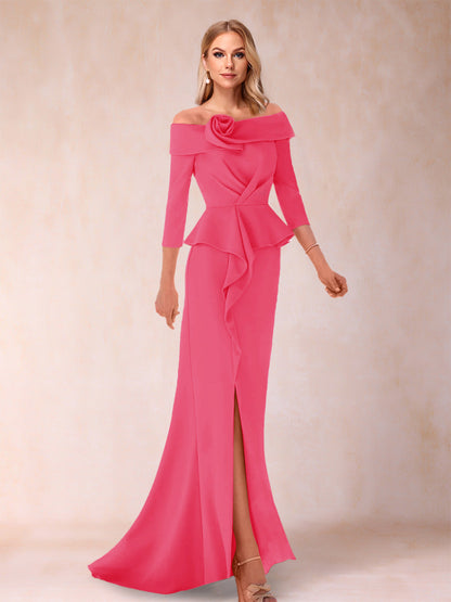 Sheath/Column Off-the-Shoulder Floor-Length Mother of the Bride Dresses With Ruffles & Split Side