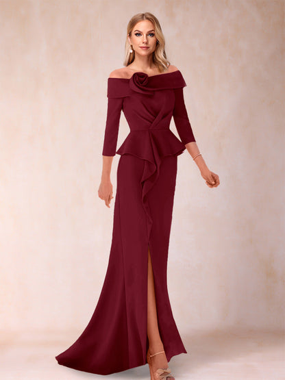 Sheath/Column Off-the-Shoulder Floor-Length Mother of the Bride Dresses With Ruffles & Split Side