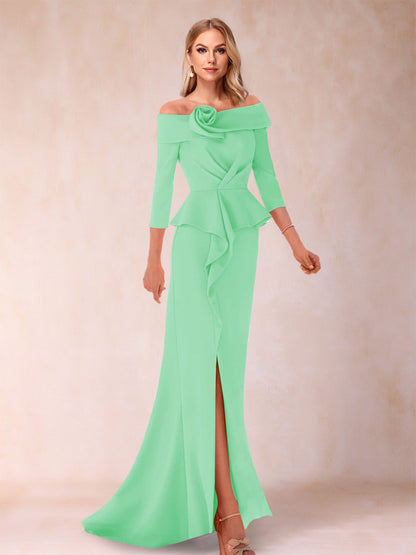 Sheath/Column Off-the-Shoulder Floor-Length Mother of the Bride Dresses With Ruffles & Split Side