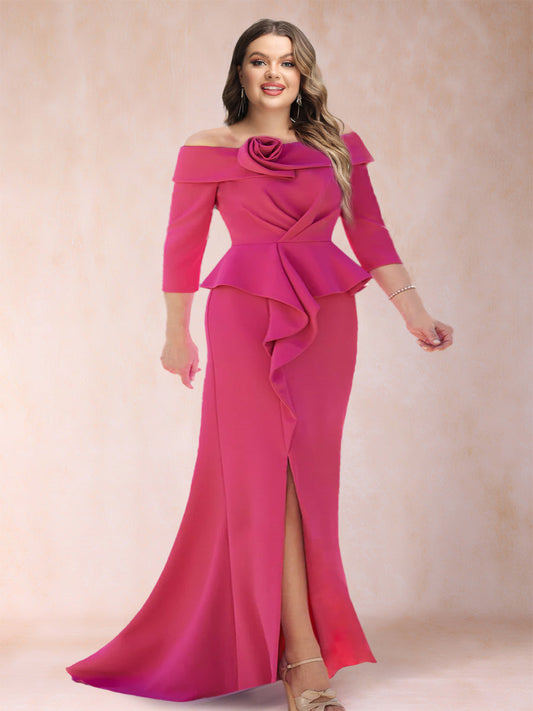 Sheath/Column Off-the-Shoulder Floor-Length Plus Size Mother of the Bride Dresses With Ruffles & Split Side