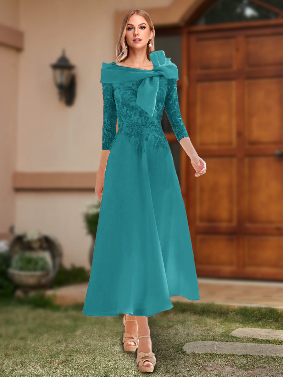 A-Line/Princess Off-the-Shoulder Ankle-Length Mother of the Bride Dresses With Bow(s) & Appliques