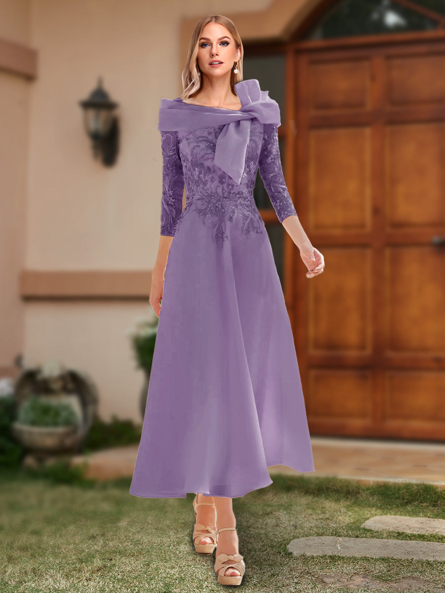 A-Line/Princess Off-the-Shoulder Ankle-Length Mother of the Bride Dresses With Bow(s) & Appliques