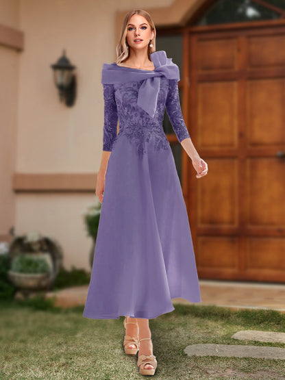 A-Line/Princess Off-the-Shoulder Ankle-Length Mother of the Bride Dresses With Bow(s) & Appliques