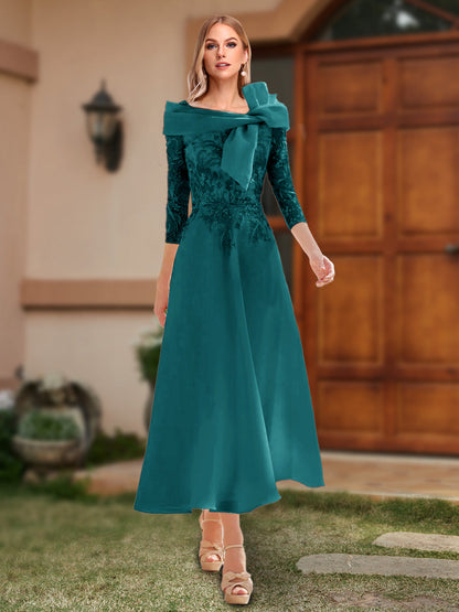 A-Line/Princess Off-the-Shoulder Ankle-Length Mother of the Bride Dresses With Bow(s) & Appliques