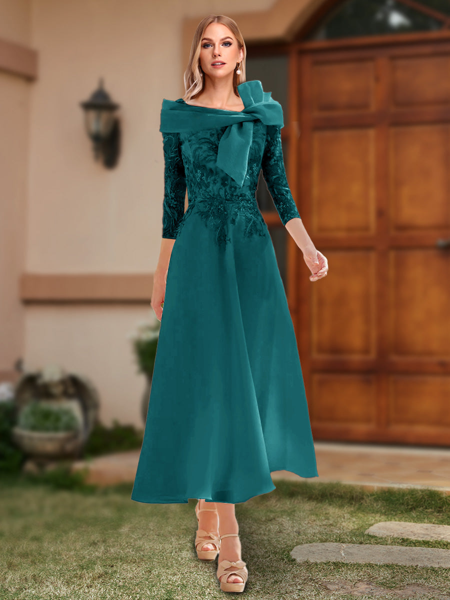 A-Line/Princess Off-the-Shoulder Ankle-Length Mother of the Bride Dresses With Bow(s) & Appliques