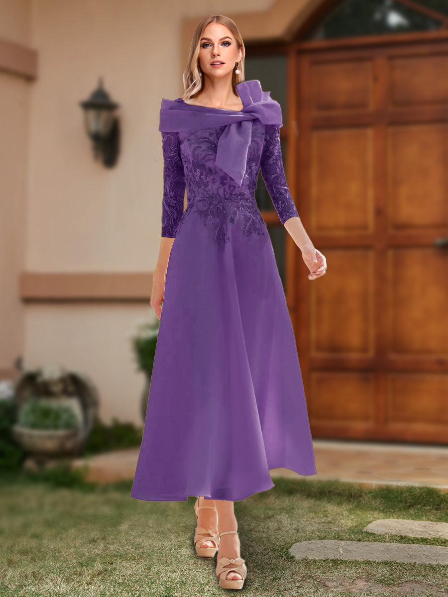 A-Line/Princess Off-the-Shoulder Ankle-Length Mother of the Bride Dresses With Bow(s) & Appliques