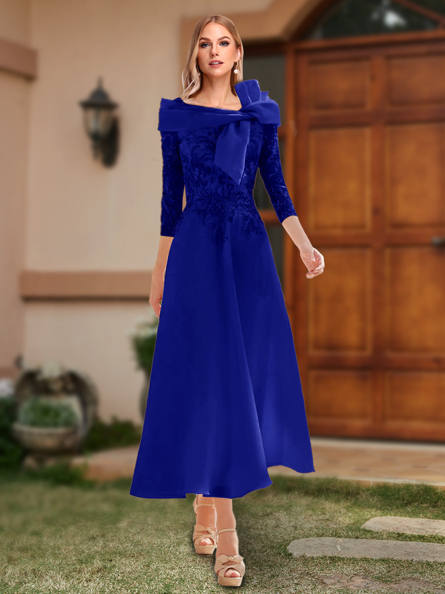 A-Line/Princess Off-the-Shoulder Ankle-Length Mother of the Bride Dresses With Bow(s) & Appliques