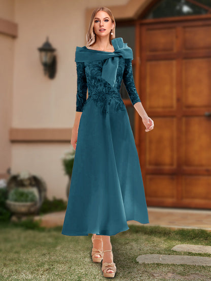 A-Line/Princess Off-the-Shoulder Ankle-Length Mother of the Bride Dresses With Bow(s) & Appliques