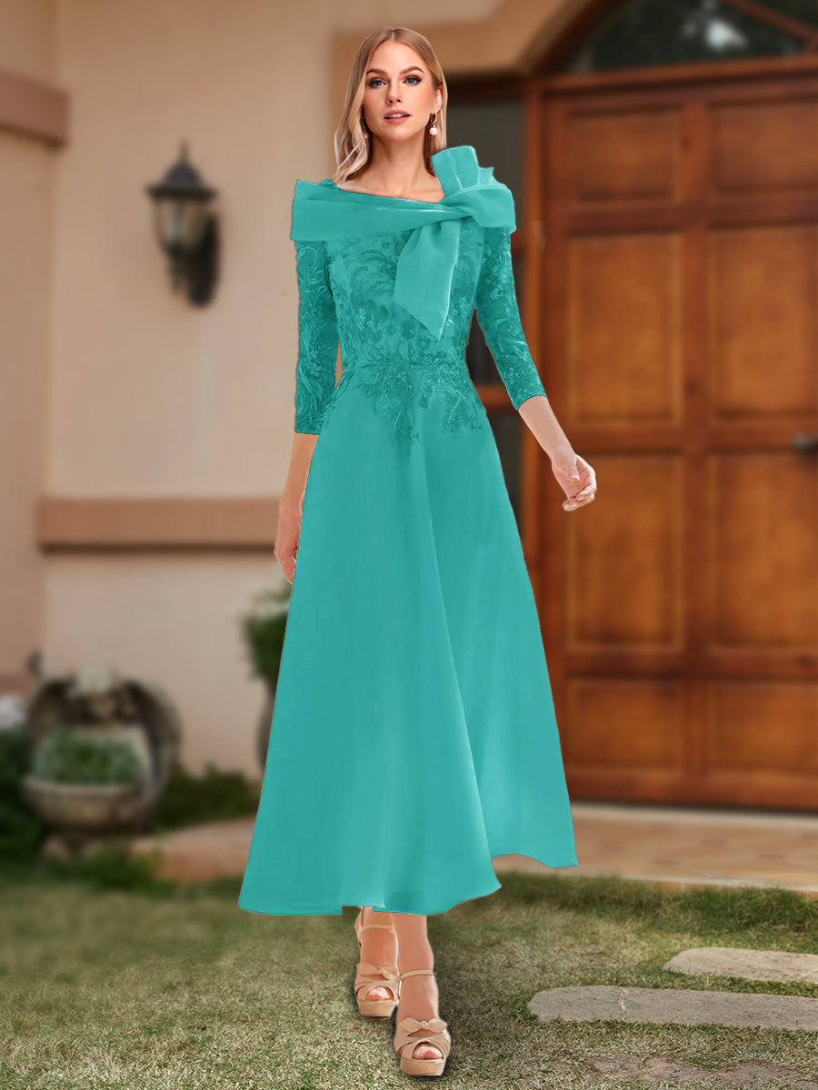 A-Line/Princess Off-the-Shoulder Ankle-Length Mother of the Bride Dresses With Bow(s) & Appliques