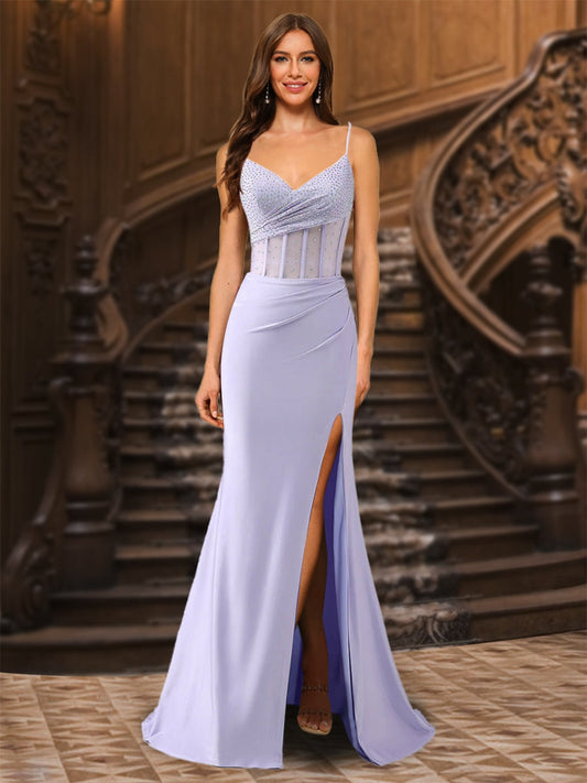 Trumpet/Mermaid Spaghetti Straps Pleated Satin Long Formal Dresses with Side Slit & Rhinestone