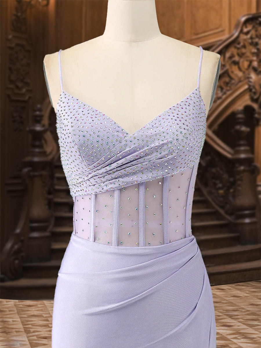 Trumpet/Mermaid Spaghetti Straps Pleated Satin Long Formal Dresses with Side Slit & Rhinestone