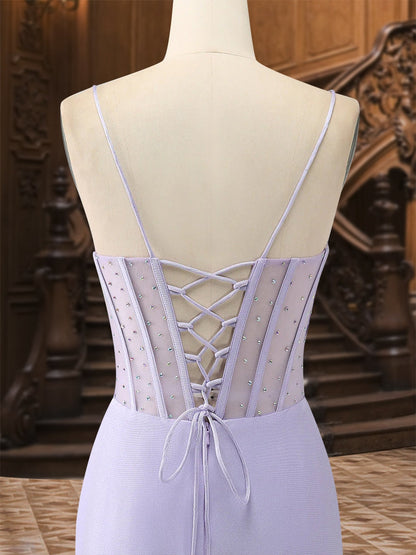 Trumpet/Mermaid Spaghetti Straps Pleated Satin Long Formal Dresses with Side Slit & Rhinestone