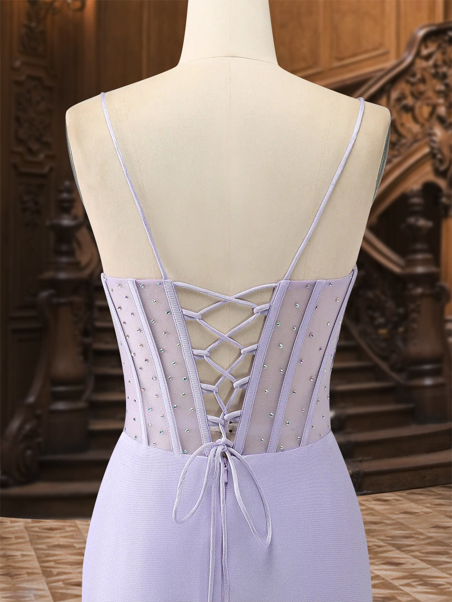 Trumpet/Mermaid Spaghetti Straps Pleated Satin Long Formal Dresses with Side Slit & Rhinestone