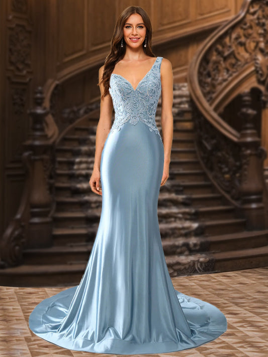 Trumpet/Mermaid V-Neck Satin Long Elegant Formal Dresses with Appliques