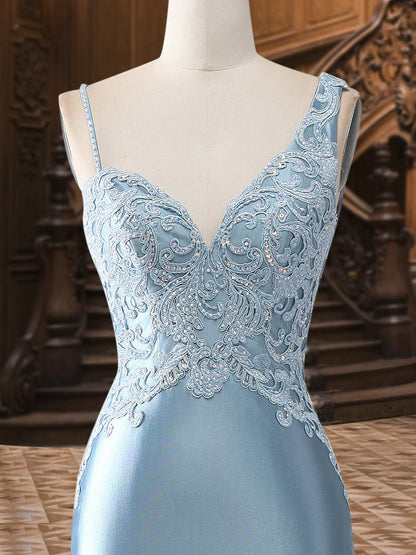 Trumpet/Mermaid V-Neck Satin Long Elegant Formal Dresses with Appliques