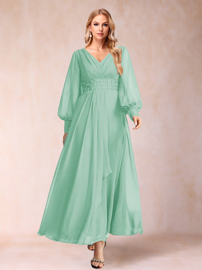A-Line/Princess V-Neck Long Sleeves Mother of the Bride Dresses with Rhinestone & Ruffles