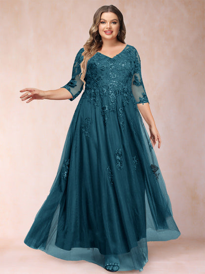 A-Line/Princess V-Neck 3/4 Sleeves Plus Size Mother of the Bride Dresses with Appliques & Sequins