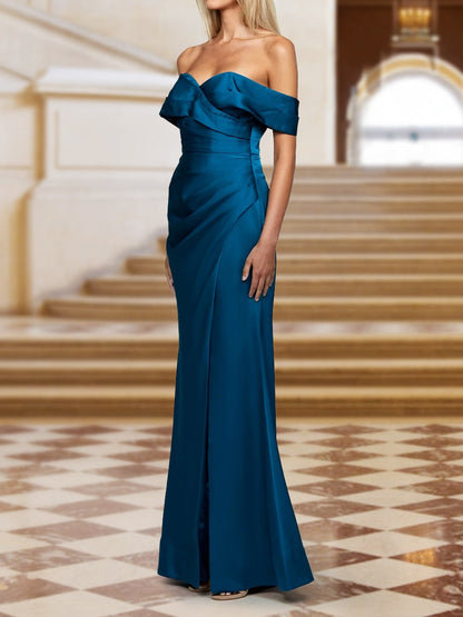 Sheath/Column Off-the-Shoulder Long Sleeves Ruched Long Formal Dresses with Side Slit
