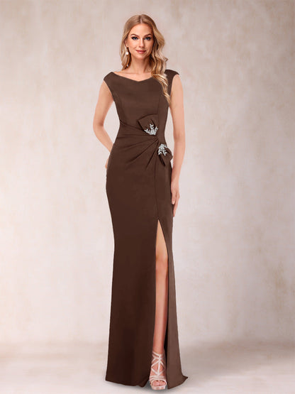 Sheath/Column V-Neck Sleeveless Ruched Evening Dresses with Split Side & Bow(s)