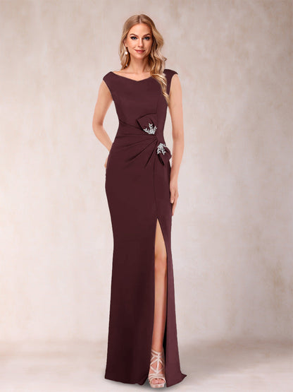 Sheath/Column V-Neck Sleeveless Ruched Evening Dresses with Split Side & Bow(s)