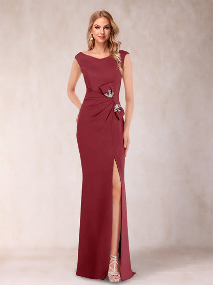 Sheath/Column V-Neck Sleeveless Ruched Evening Dresses with Split Side & Bow(s)