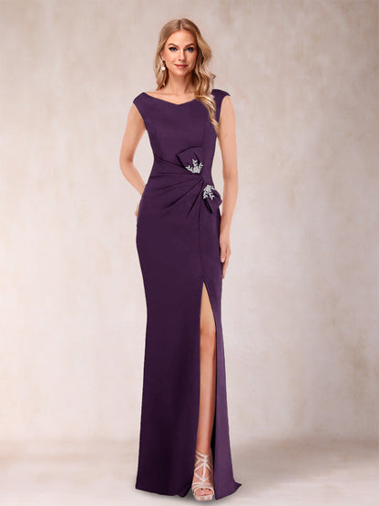 Sheath/Column V-Neck Sleeveless Ruched Evening Dresses with Split Side & Bow(s)